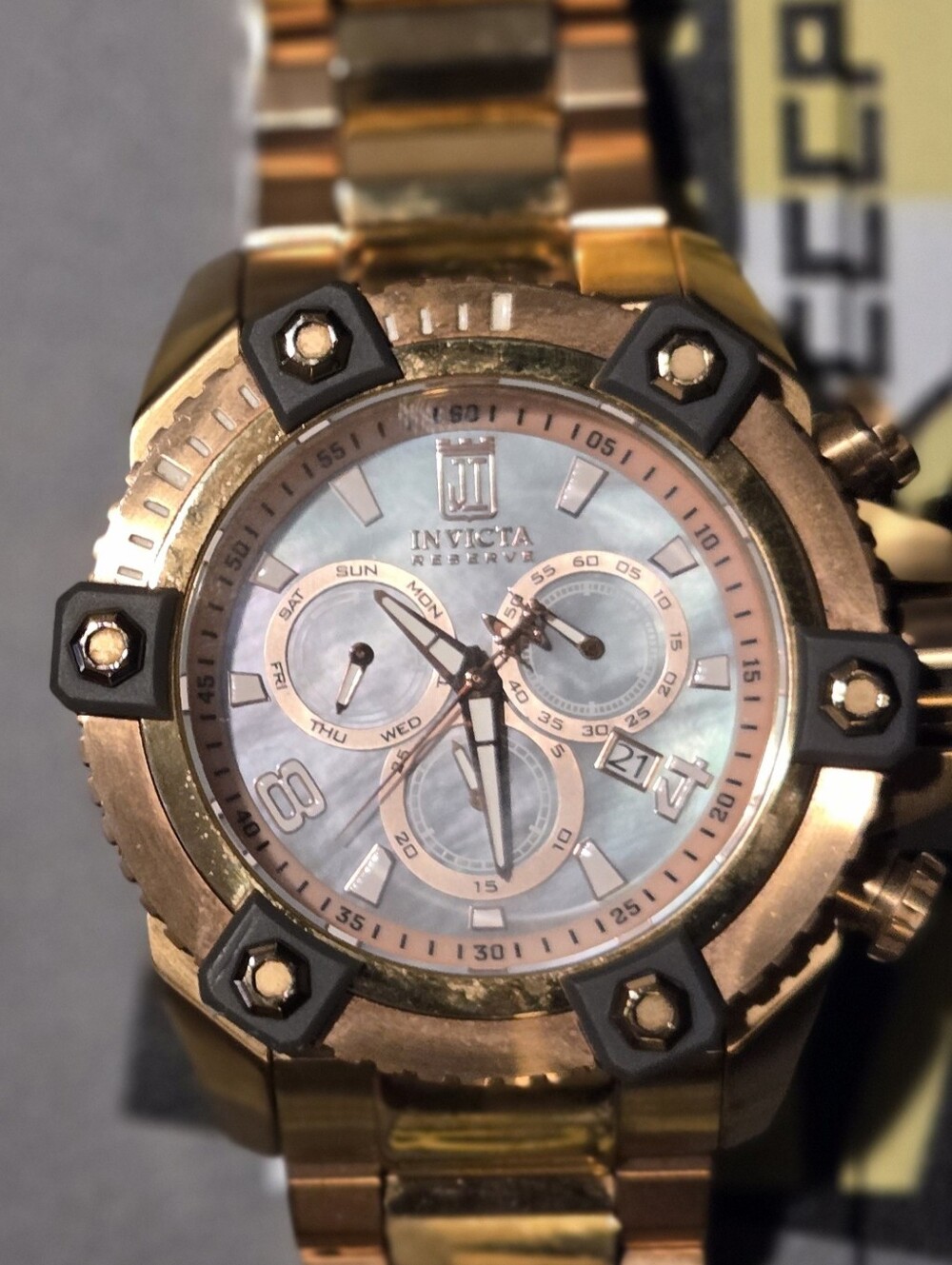 Invicta Rose Gold and Black Accent Chronograph with Mother-of-Pearl Dial